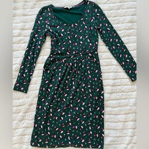 Dark Green Long Sleeve Midi Dress with Pink abstract floral print